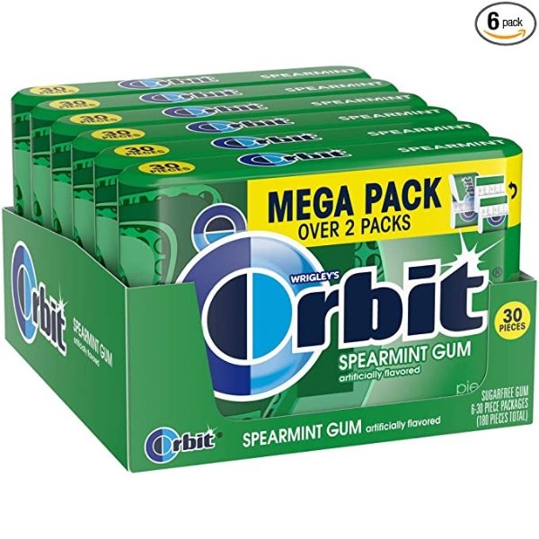ORBIT Spearmint Sugar Free Chewing Gum, 30-Piece Pack of 6