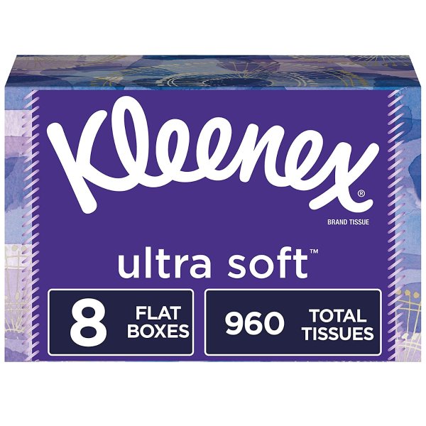 Ultra Soft Facial Tissues, 8 Flat Boxes, 120 Tissues per Box (960 Tissues Total)