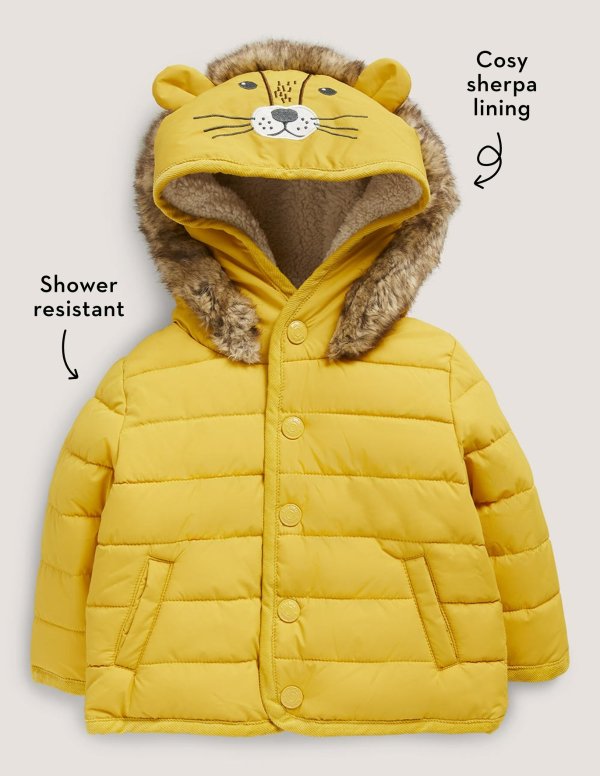 Yellow Lion Hood Waterproof Puffer Jacket - Honeycomb Yellow Lion | Boden US