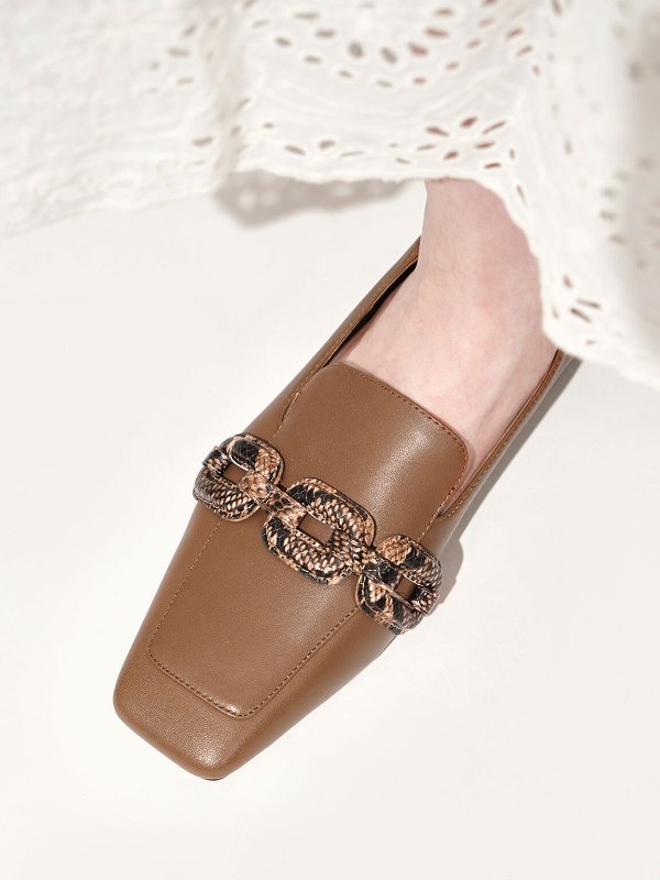 Brown Leather Snake Print Step-Back Loafers