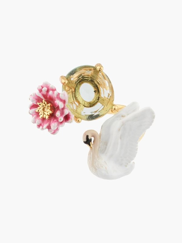 A Simple Swan White Swan and Pink Water Lily Adjustable Ring