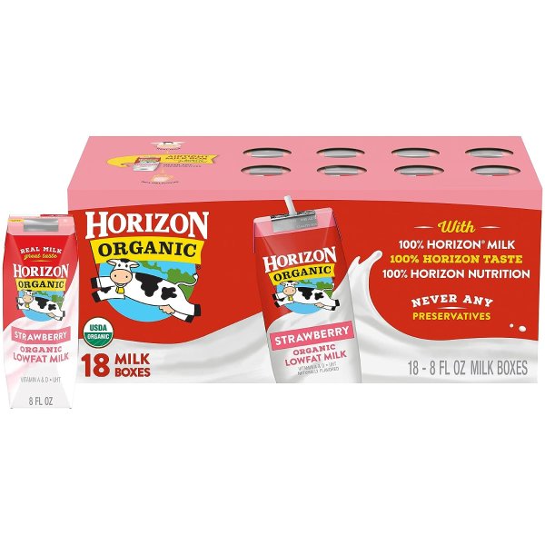 Horizon Organic Shelf-Stable 1% Low Fat Milk Boxes, Strawberry, 8 Fl OZ(Pack of 18)