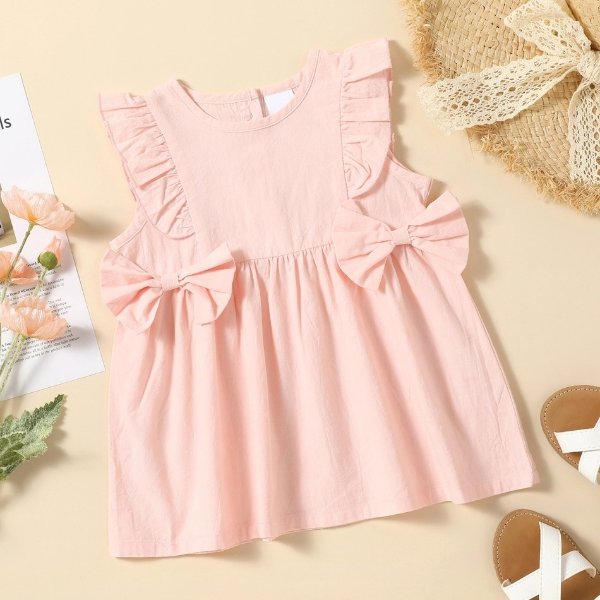 1pc Baby Girl Flutter-sleeve Bowknot Cotton Solid Dress
