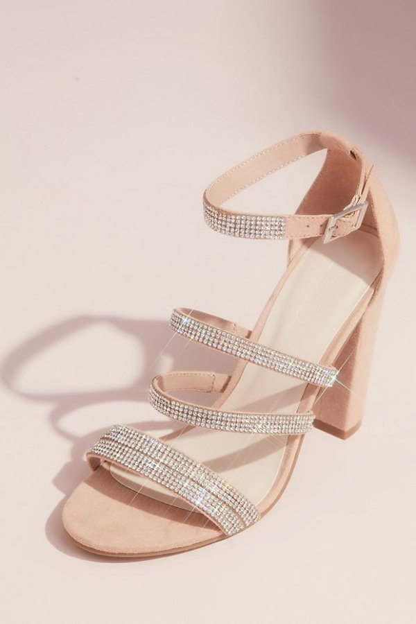 Sueded Block Heel Sandals with Crystal Straps