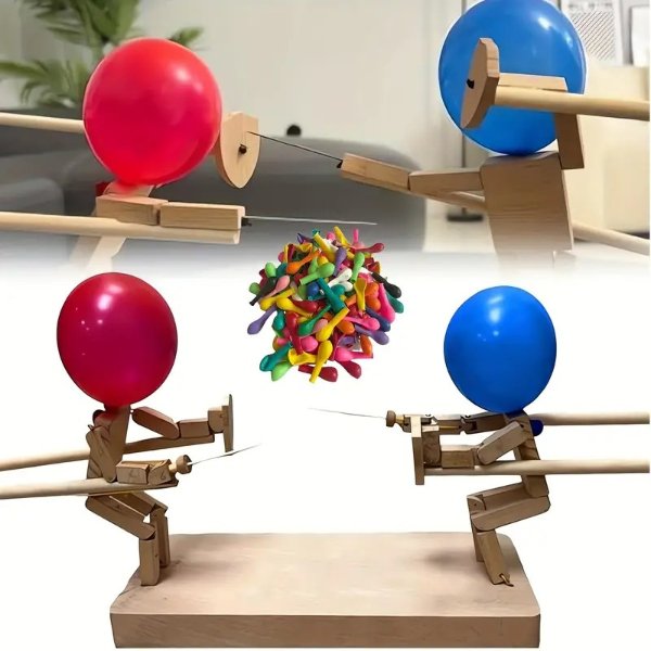 1set Balloon Bamboo Man Battle - Handmade Wooden Fencing Puppets, Wooden Bots Battle Game For 2 Players, Fast-Paced Balloon Fight, Whack A Balloon Party Games Fun And Exciting (11.81inch X3mm)