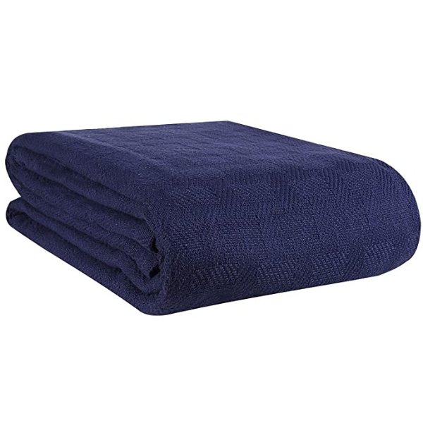 100% Cotton Bed Blanket, Breathable Bed Blanket Twin Size, Cotton Thermal Blankets Twin Size - Perfect for Layering Any Bed for All Season - Navy