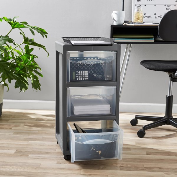Medium 3-Drawer Plastic Storage Cart with Wheels, Grey Flannel