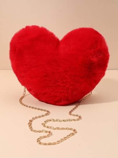 Neon Red Heart Design Fuzzy Chain Novelty Bag