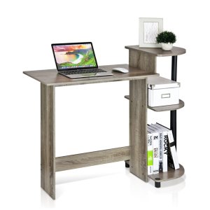 Furinno Compact Computer Desk with Shelves, Round Side, French Oak Grey/Black