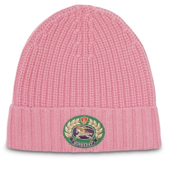 Embroidered Crest Rib Knit Wool Cashmere Beanie