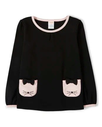 Girls Long Sleeve Embroidered Cat Bow Patch Pocket Top - Puuurfect In Paris