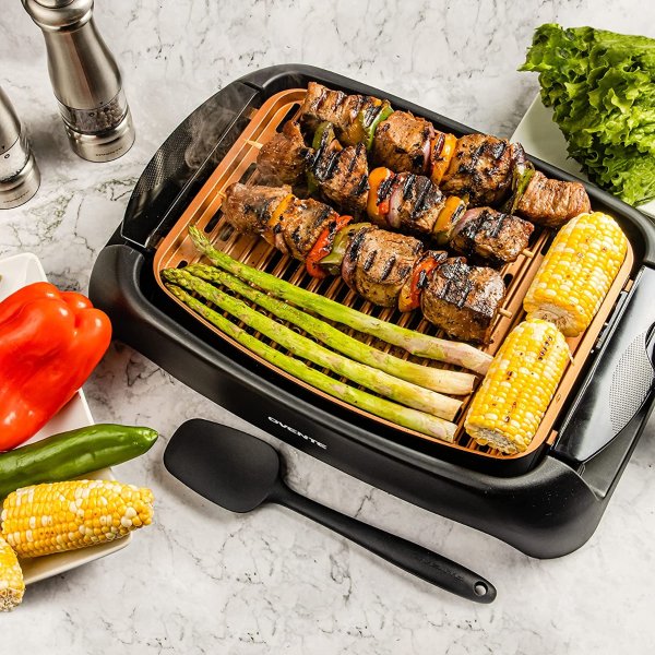 Electric Indoor Grill with 13x10 Inch Non-Stick Cooking Surface, 1000W Fast Heat Up Power, Adjustable Temperature, Removable and Dishwasher Safe Grilling Plate and Drip Tray, Copper GD1632NLCO