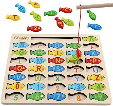Magnetic Wooden Fishing Game Toy for Toddlers, Alphabet Fish Catching Counting Games Puzzle with Numbers and Letters, Preschool Learning ABC and Math Educational Toys for 3 4 5 Years Old Girl Boy Kids