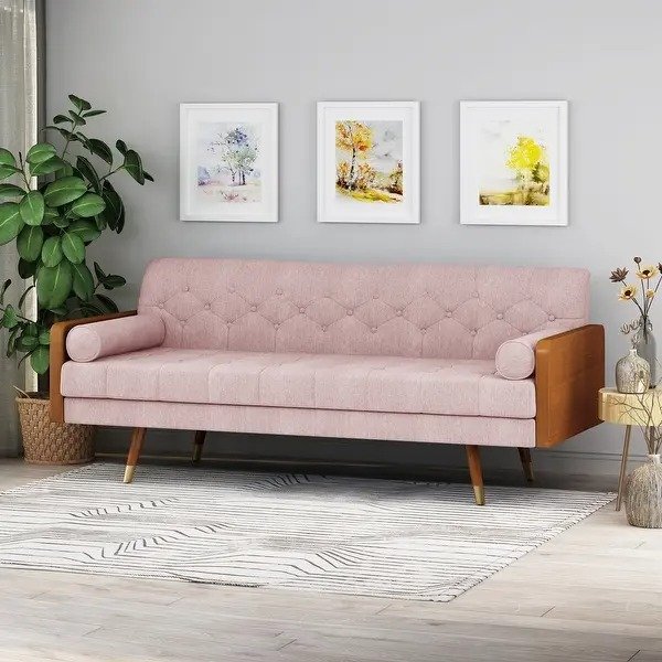 Jalon Mid-century Modern Tufted Fabric Sofa by Christopher Knight Home - Light Blush + Dark Walnut