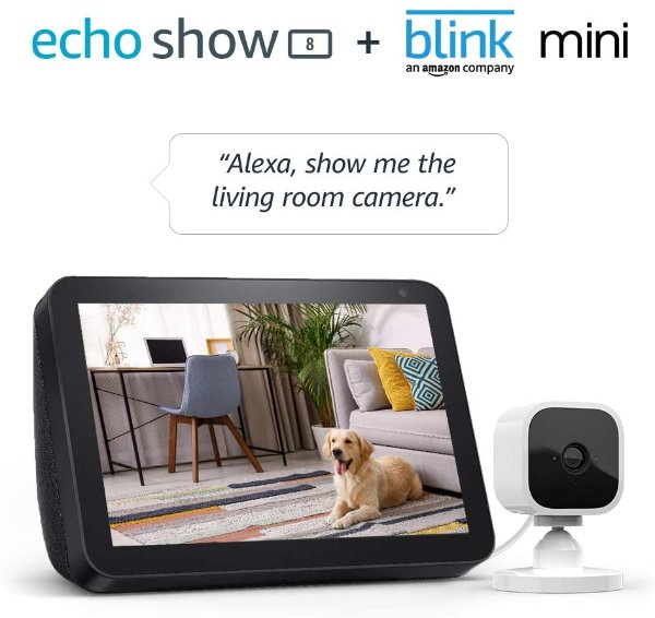 Echo Show 8 Charcoal with Blink Mini Indoor Smart Security Camera, 1080 HD with Motion Detection