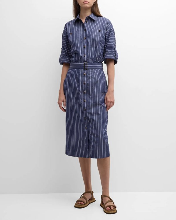 Striped Elbow-Sleeve Cotton Midi Shirtdress