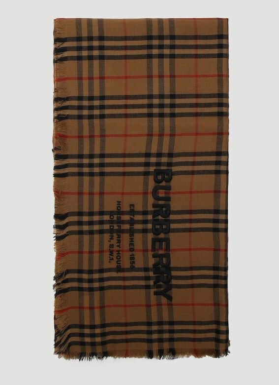 Embroidered Logo Classic Check Scarf in Brown