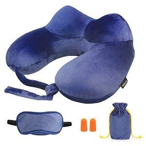 Inflatable Neck Pillow, Morecoo Travel Pillow, Super Soft, Foldable and Washable, Head, Chin and Neck Support, Portable Travel Set(Dark Blue)