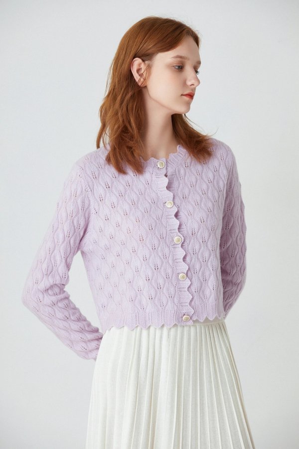 紫色镂空羊绒开衫