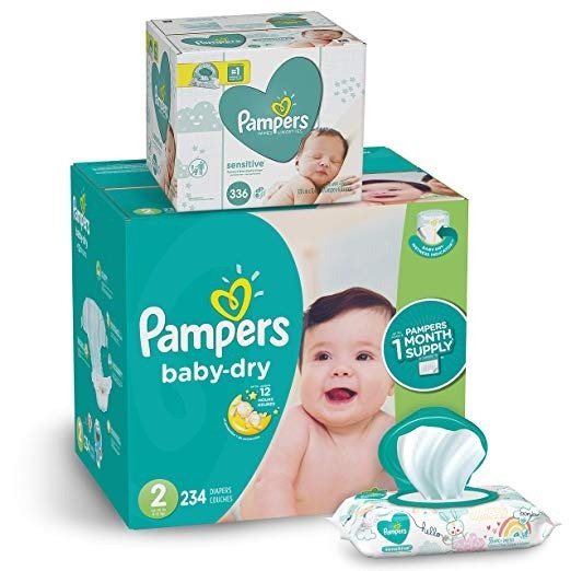 Diapers Size 2, 234 Count- Pampers Baby Dry Disposable Baby Diapers, ONE MONTH SUPPLY with Baby Wipes Sensitive 6X Pop-Top Packs, 336 Count