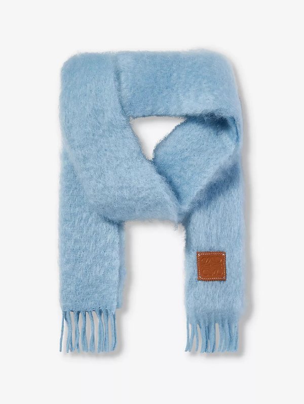 Anagram-patch fringed-trim wool-blend scarf