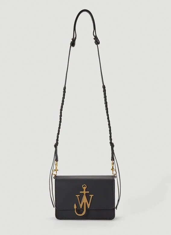 Braided Strap Anchor Logo Shoulder Bag in Black