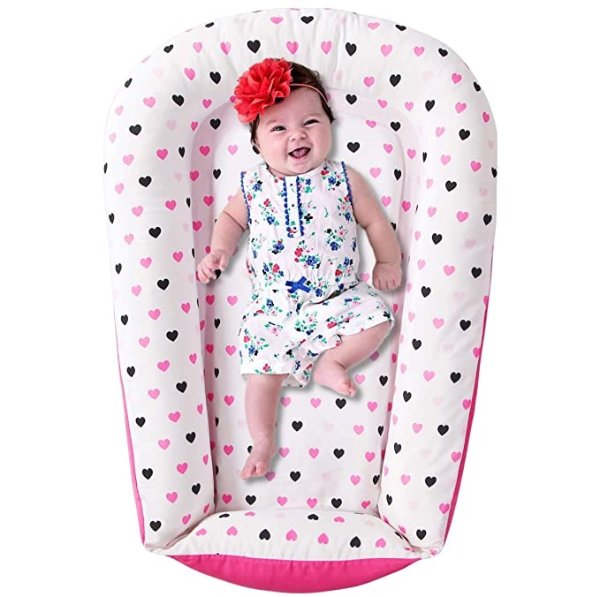 Premium Baby Lounger - Durable Cotton Blend Co Sleeper - Soft Portable Baby Nest Sleeper - Perfect for Co Sleeping and Travelling, Pink Hearts