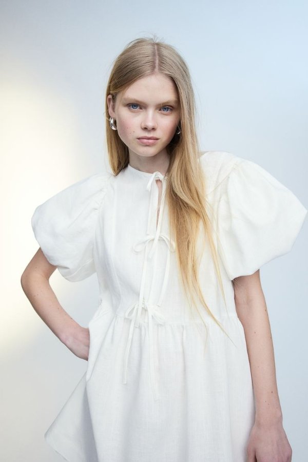 Linen-blend Puff-sleeved Dress