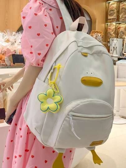 Cartoon Duck Design Functional Backpack With Flower Charm