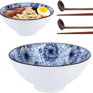 NJCharms 日式陶瓷拉面碗2个 配木勺木筷