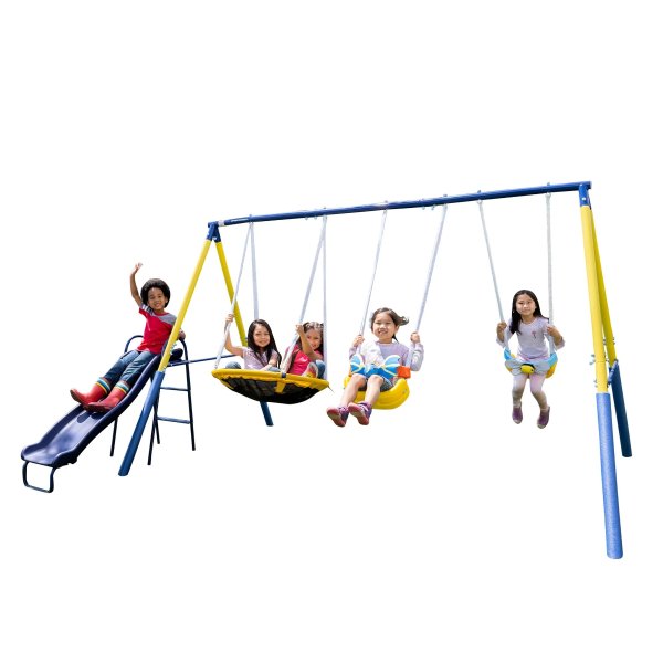 Super Flyer Swing Set with 2 Flying Buddies, Saucer Swing, 2 Swings, and Lifetime Warranty on Blow Molded Slide