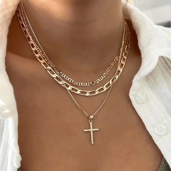 3pcs/Set Women's Retro Luxury Artificial Crystal Cross Necklace Stackable Necklace Gift