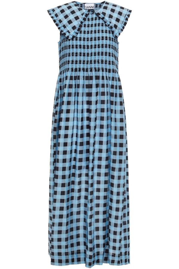 Shirred gingham cotton and silk-blend maxi dress