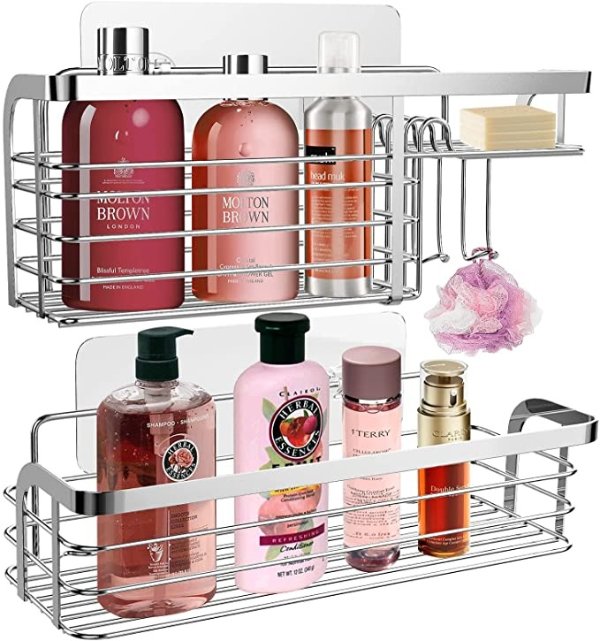 Adhesive Shower Caddy Organizer, 2 Pack Shower Organization Shelf, Stainless Steel Bathroom Storage Rack for Inside Shower Shampoo Conditioner Holder,Silver