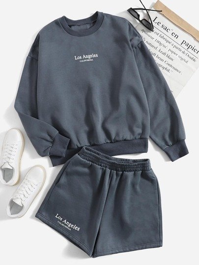EZwear Letter Graphic Drop Shoulder Pullover & Shorts