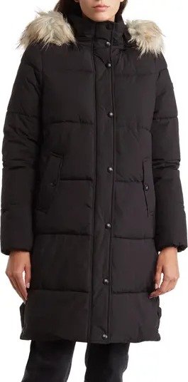 Nylon Puffer Jacket with Faux Fur Trim