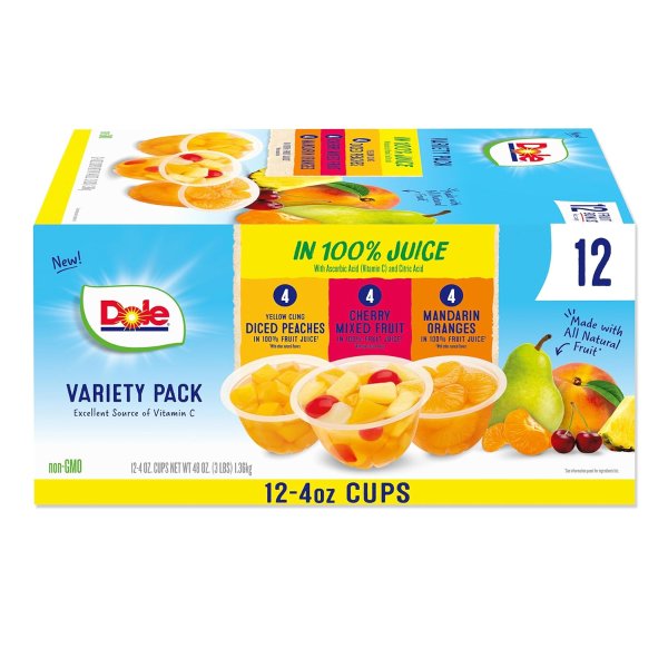 Dole Fruit Bowls in 100% Juice Variety Pack Snacks 4oz 12 Total Cups