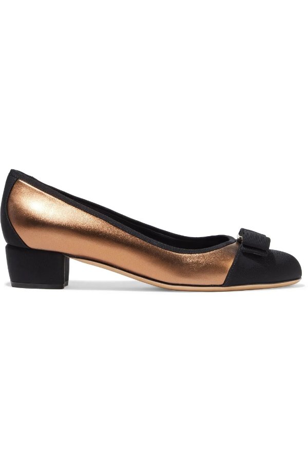 Vara bow-embellished metallic leather and grosgrain pumps
