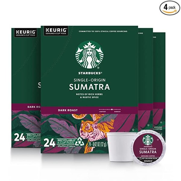 Dark Roast K-Cup Coffee Pods — Sumatra for Keurig Brewers — 4 boxes (96 pods total) - Packaging may vary