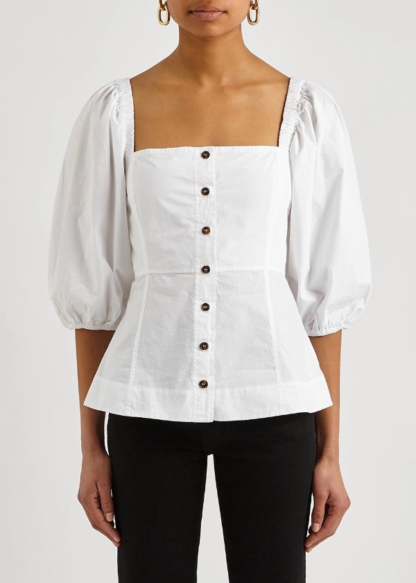 White puff-sleeve cotton blouse