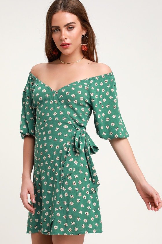 Best Dressed Sage Green Floral Print Off-the-Shoulder Wrap Dress
