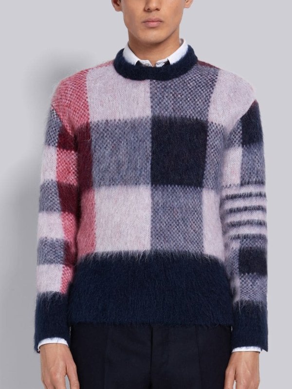 Tricolor Buffalo Check Funmix Super Kid Mohair Crew Neck 4-Bar Pullover | Thom Browne Official