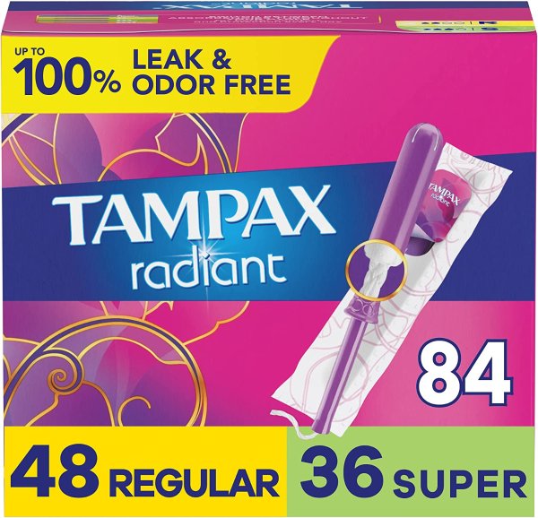 Radiant Tampons Multipack, Regular/Super Absorbency, with Leakguard Braid, Unscented, 84 Count