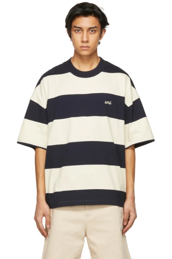 Navy & Off-White Striped Rugby T-Shirt