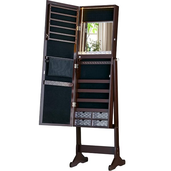 LED Light Jewelry Cabinet Standing Mirror Makeup Lockable Armoire, Large Storage Organizer w/Drawers (brown, L)