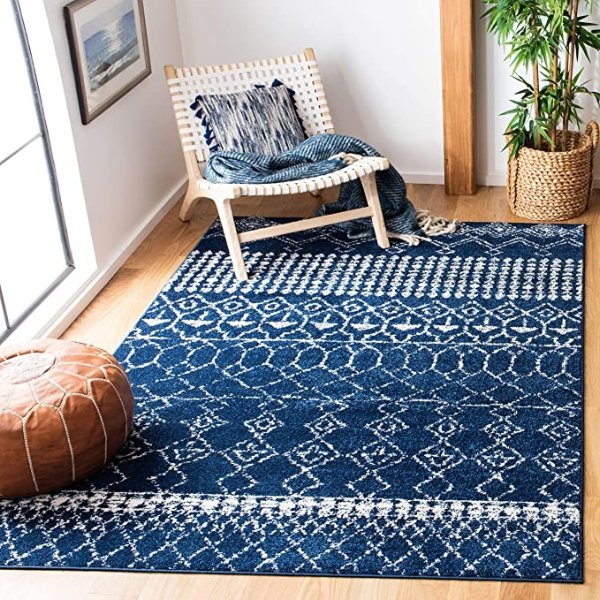 Tulum Collection TUL229N Boho Moroccan Distressed Area Rug, 3' x 5', Navy/Ivory