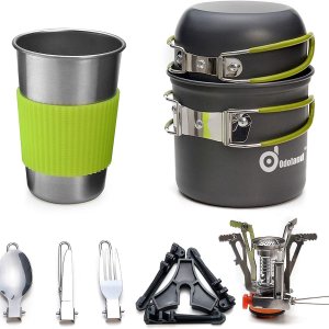 Odoland Camping Cookware Stove Carabiner Canister Stand Tripod and Stainless Steel Cup
