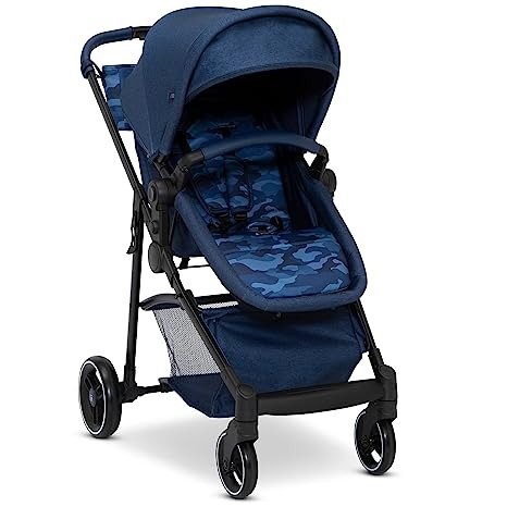 babyGap by Delta Children 2-in-1 Carriage Stroller - Greenguard Gold Certified - Car Seat Compatible, One-Handed Fold, Lightweight & Oversized Canopy - Made with Sustainable Materials, Navy Camo