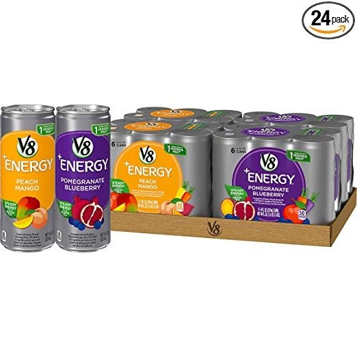 V8 +Energy Juice Drink with Green Tea Variety Pack, Peach Mango & Pomegranate Blueberry, 24 Count
