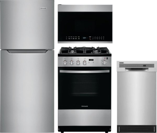 FRRERADWMW3000 4 Piece Kitchen Appliances Package with Top Freezer Refrigerator, Gas Range, Dishwasher and Over the Range Microwave in Brushed Stainless Steel